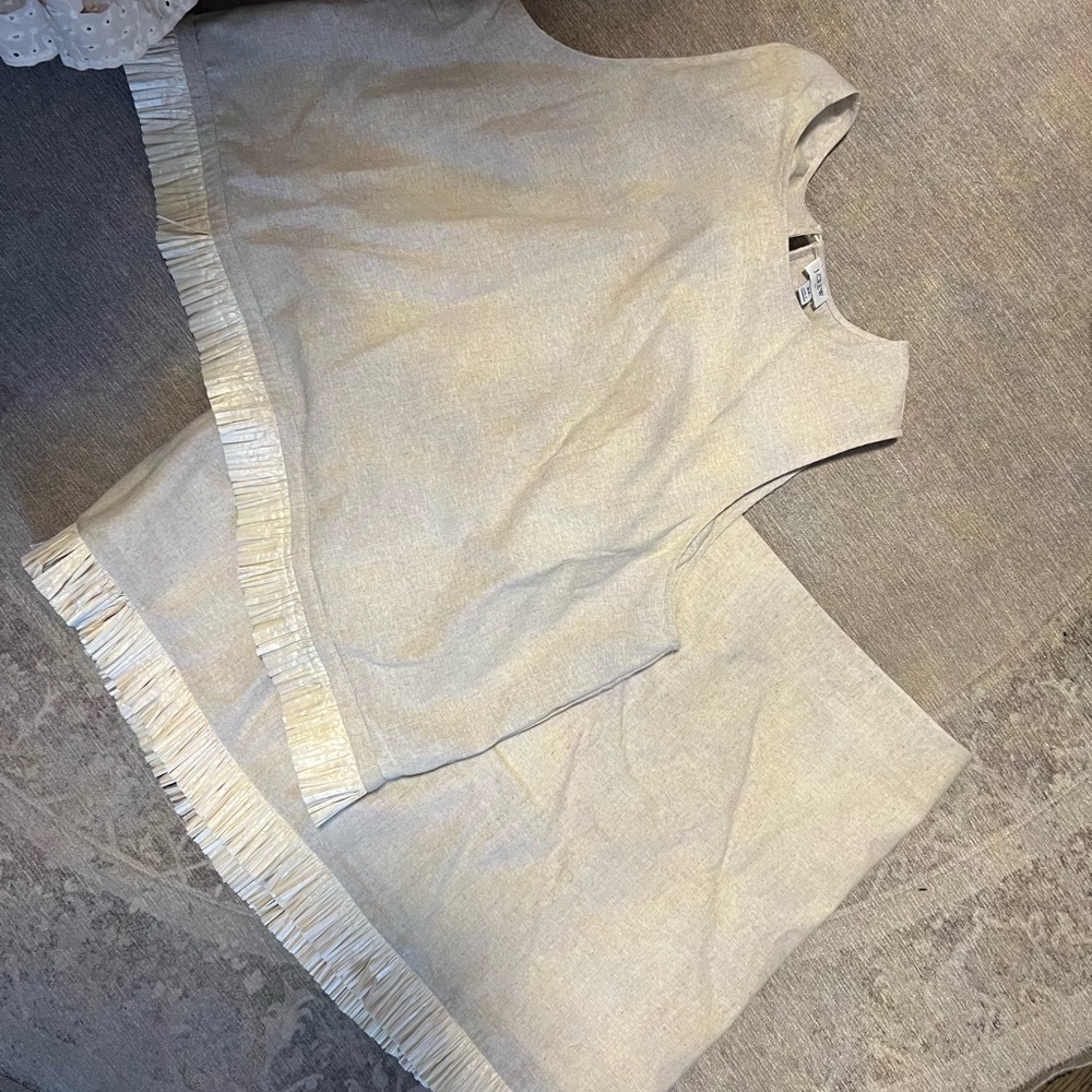 J. Crew Natural Beige Linen-Blend Sleeveless Top and skirt with grass fringe
